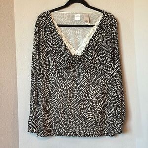 Emma James Woman Leaf Print Blouse 3X Sheer Sleeve Lined Top